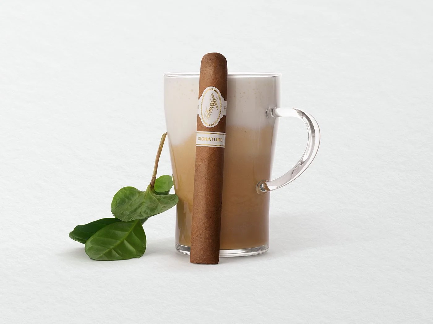Davidoff Signature 2000 cigar leaning on a glass of milk coffee